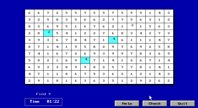 Numbers & Logic I (DOS) screenshot: Find 9: Clicking on CHECK says that there are five more 3x3 grids to find