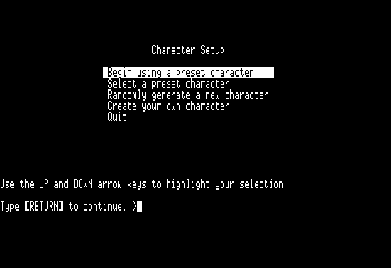 Beyond Zork: The Coconut of Quendor (Apple II) screenshot: Main Menu