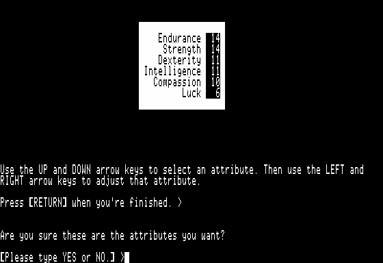 Beyond Zork: The Coconut of Quendor (Apple II) screenshot: Character Creation