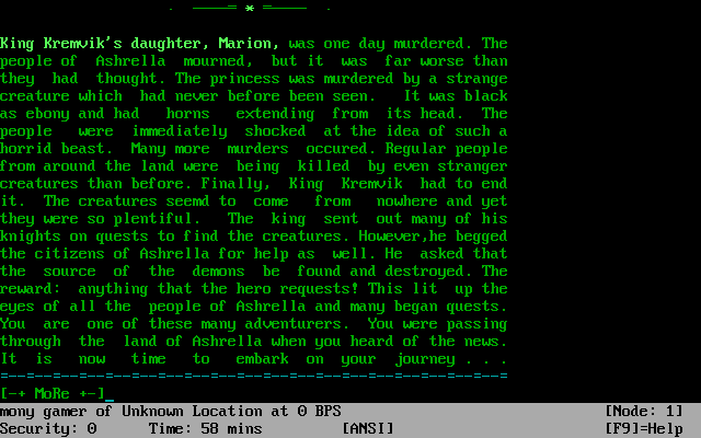 The Enigma of Ashrella (DOS) screenshot: More of the story is revealed once the player has entered their name
