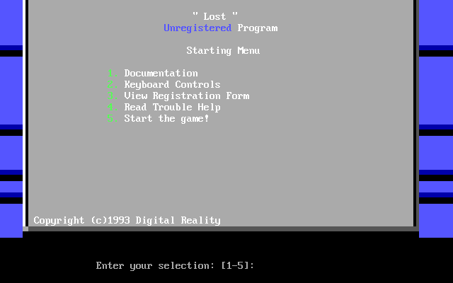 Lost (DOS) screenshot: The start menu. Unregistered shareware release