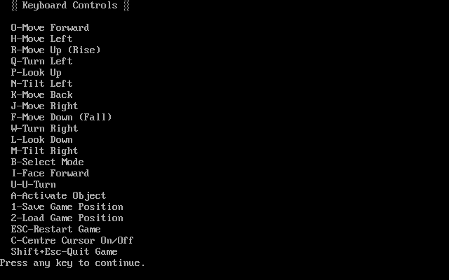 Lost (DOS) screenshot: The game documentation can be viewed before the game commences. These are the keyboard controls. Unregistered shareware release