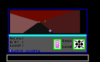 Lost (DOS) screenshot: The start screen. There are two cursors. The small central one is optional and shows the direction the player will move. The white one is what the player is looking at