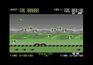 Silkworm (Commodore 64) screenshot: A group of jumping helicopters.