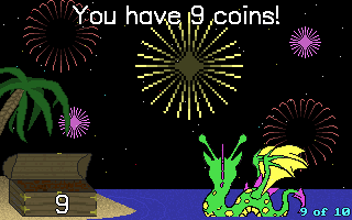 Sea School (DOS) screenshot: At the end of each mini game there is a reward screen. Coins won fall into the treasure chest and then there's a firework display