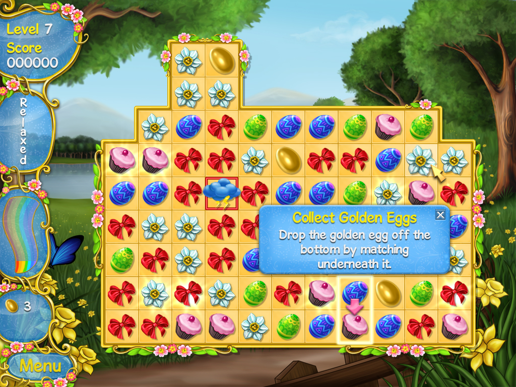 Spring Bonus (Windows) screenshot: At level 7, you must make matches to make golden eggs drop off the playing field.