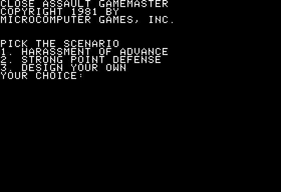 Close Assault (Apple II) screenshot: Main Menu