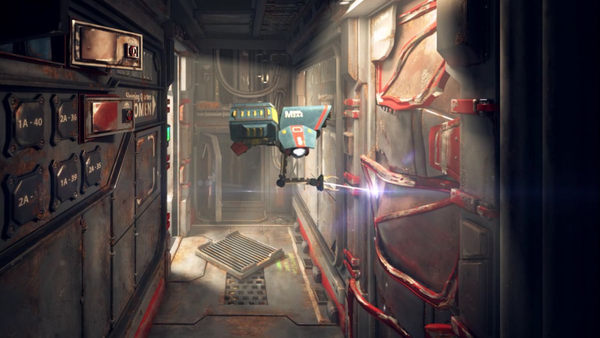 J.U.L.I.A.: Among the Stars (Windows) screenshot: Mobot cuts the locked door with a laser.