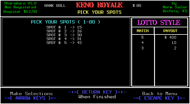 Keno Royale (DOS) screenshot: The player can select their own numbers or the computer can select the numbers for them