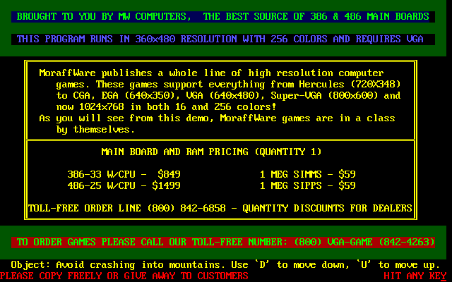 Flygame (DOS) screenshot: The start screen advertises both Moraffware and A.N.Other company