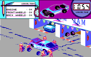 Turbo Cup (DOS) screenshot: Pit stop (EGA)