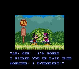 The Great Circus Mystery starring Mickey & Minnie (SNES) screenshot: Intro: Mickey and Minnie arrives at the circus (is Mickey making a reference to Castle of Illusions?)