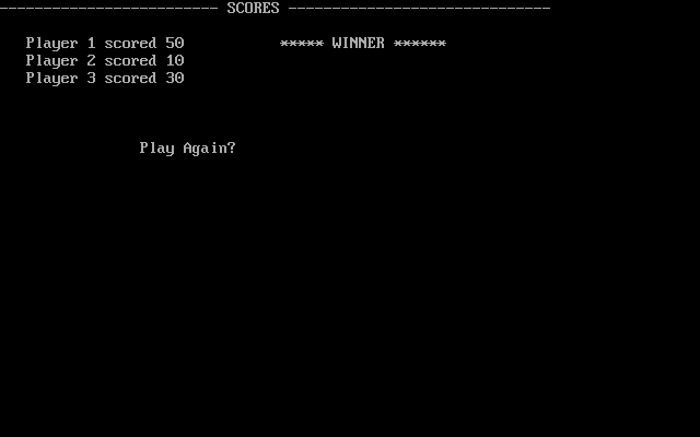 Breakout ! (DOS) screenshot: When all players have lost their balls or have quit the game shows the scores. If the player(s) decide to play another game it is assumed that it will be another three player game