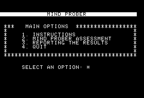 Mind Prober (Apple II) screenshot: Main Menu