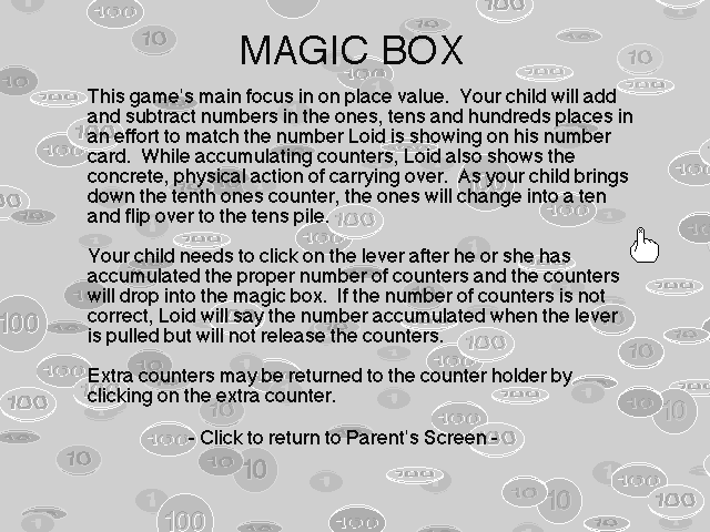 Early Math (Windows 16-bit) screenshot: Description of "Magic Box" mini-game