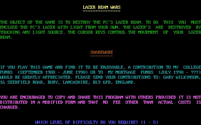 Lazer Beam Wars (DOS) screenshot: The game's instructions and shareware plea for cash