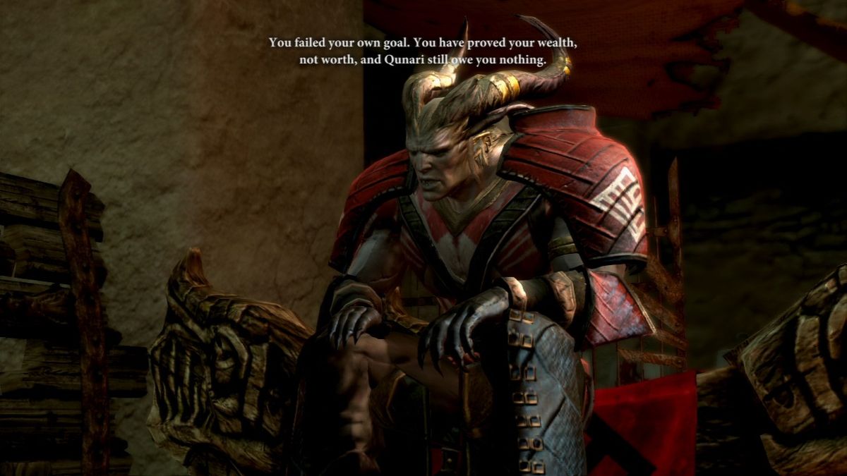 Dragon Age II (PlayStation 3) screenshot: The Qunari leader and his plans for the town are rather murky, and backed up by their own ideology.