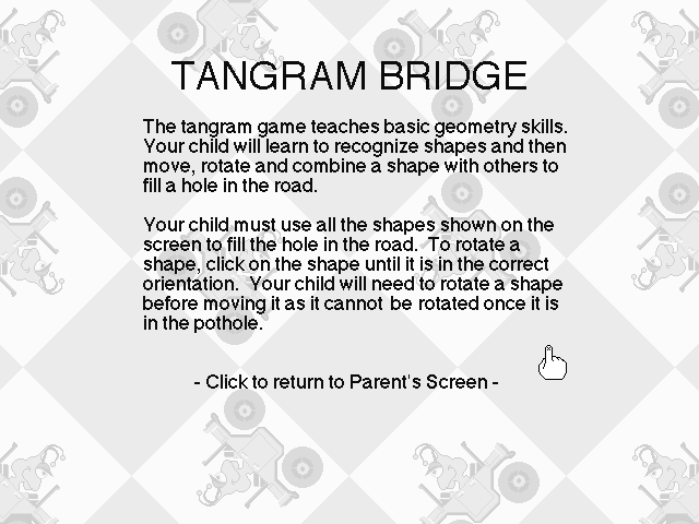 Early Math (Windows 3.x) screenshot: Description of "Tangram Bridge" mini-game