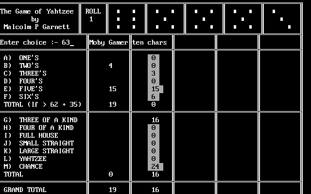 The Game of Yahtzee (DOS) screenshot: Here the player 'ten chars' has rolled 6-5-5-5-3. It is their first roll. The game shows the current score against all categories. They have opted to re-roll the 6 and the 3