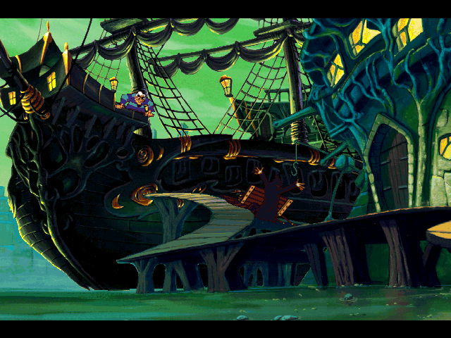 Discworld II: Mortality Bytes! (DOS) screenshot: This ship takes the undead to the land of XXXX. Rincewind will have to feign his own death to be taken on board...