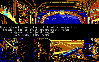 20,000 Leagues Under the Sea (DOS) screenshot: You can lose the game instantly by clicking the wrong spot on the first screen. I thought the Nautilus was sturdier than that!
