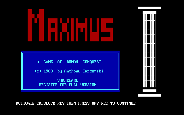 Maximus (DOS) screenshot: The game's title screen Shareware release