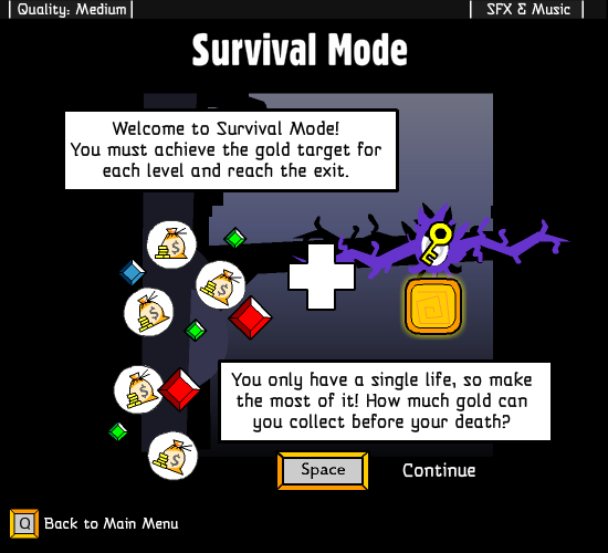 Vertical Drop Heroes (Browser) screenshot: Explanation of the survival game mode