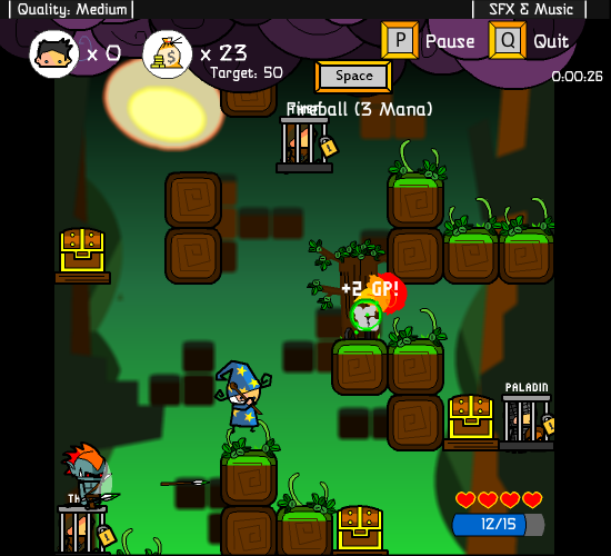 Vertical Drop Heroes (Browser) screenshot: The mage launches a fireball.