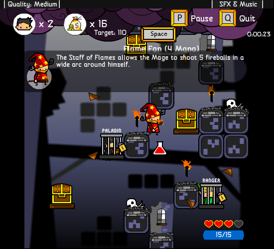Vertical Drop Heroes (Browser) screenshot: The mage has a new weapon and outfit. The staff of flame is much more powerful than the default attack.