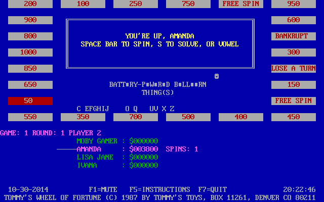 Tommy's Wheel of Misfortune (DOS) screenshot: Playing in 'Wheel Of Fortune' mode. Apart from the lack of Bankrupt segments the screen does not look any different to a 'Wheel Of Misfortune' game