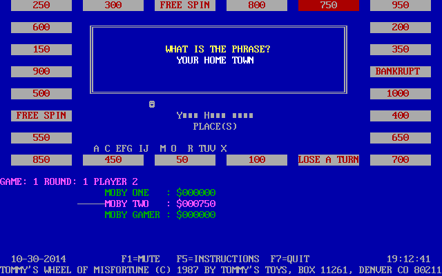 Tommy's Wheel of Misfortune (DOS) screenshot: Here the player has made a guess. Cheater Mode is enabled. This is the partial alphabet above the lower line of money values which shows the remaining letters.