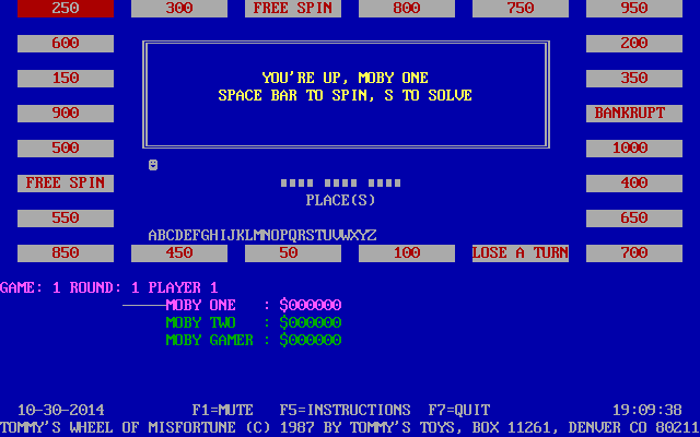 Tommy's Wheel of Misfortune (DOS) screenshot: The game randomly decides who goes first. Then the sequence is - SPACE to spin, - guess a letter, - repeat until a mistake is made.