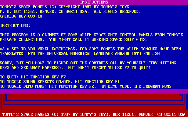 Tommy's Space Panels (DOS) screenshot: The game's instructions