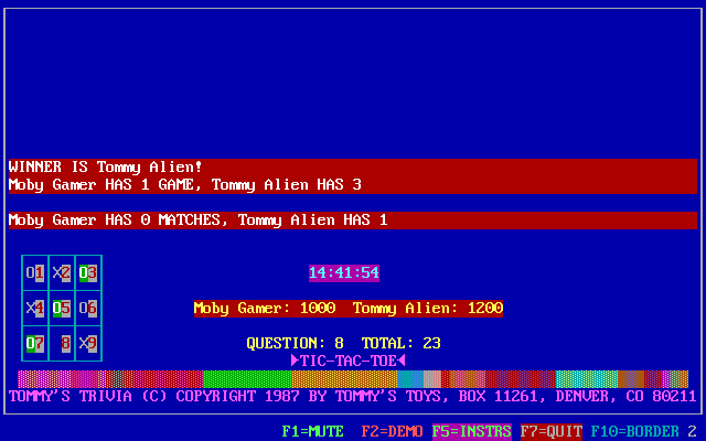 Tommy's Trivia (DOS) screenshot: The end of a Tic-Tac-Toe match