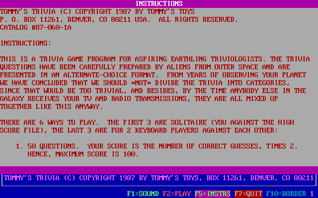 Tommy's Trivia (DOS) screenshot: The first of many instruction screens