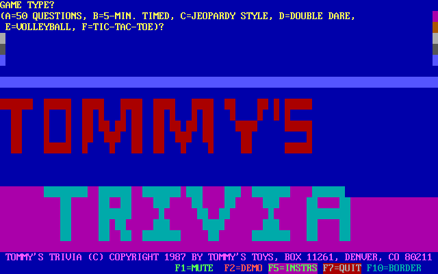 Tommy's Trivia (DOS) screenshot: The game's title and game selection screen. The colour combination changes with each log in