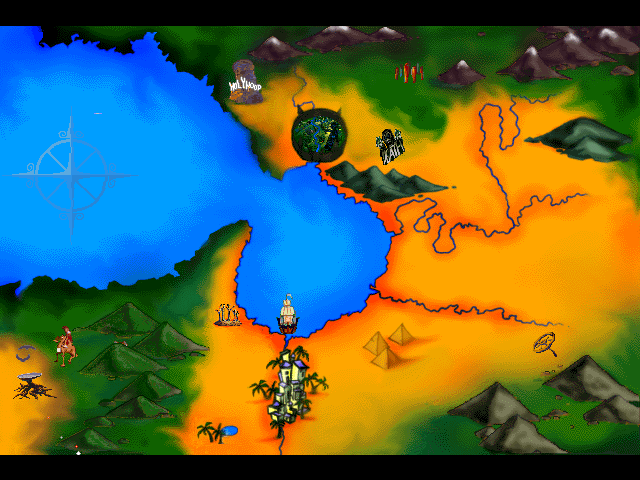 Discworld II: Mortality Bytes! (DOS) screenshot: Discworld map, with all locations now marked (we find a way to the Fountain of Youth at the very end of the game).