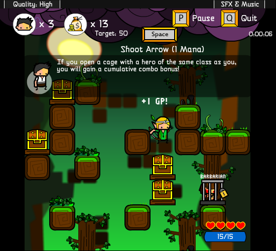 Vertical Drop Heroes (Browser) screenshot: Breaking treasure chests with an archer.