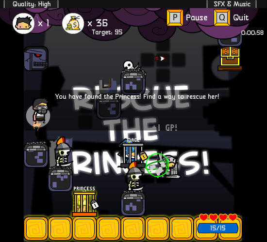 Vertical Drop Heroes (Browser) screenshot: At the end of this level, you get to free the princess.