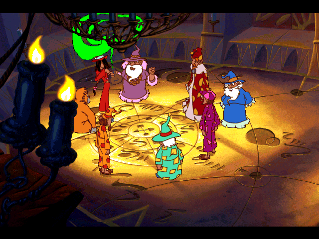 Discworld II: Mortality Bytes! (DOS) screenshot: The wizards perform the rites to try to bring Death back to this world. Not entirely successfully...