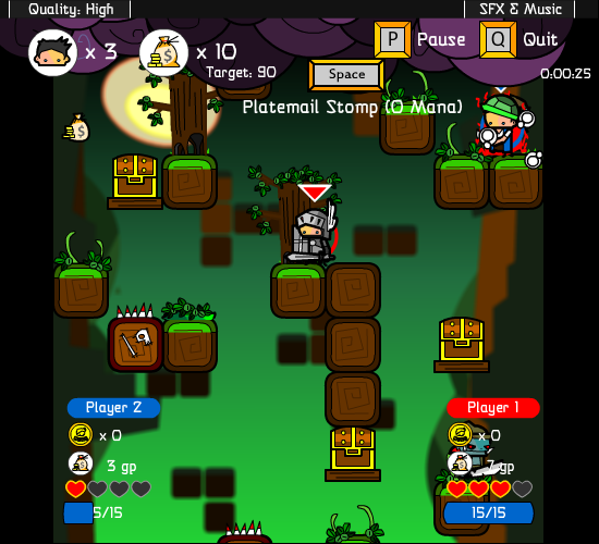 Vertical Drop Heroes (Browser) screenshot: Two players can help each other, but they're out to get the most gold.