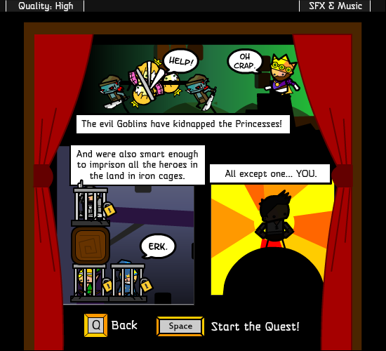 Vertical Drop Heroes (Browser) screenshot: Introduction to the main story campaign