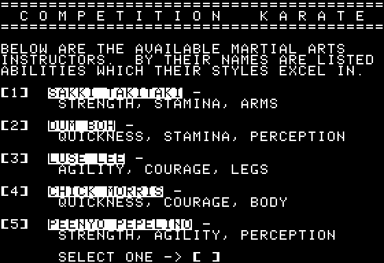 Competition Karate (Apple II) screenshot: Available Trainers