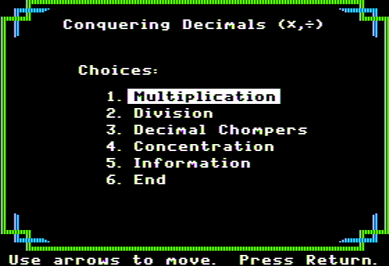 Conquering Decimals (x, ÷) (Apple II) screenshot: Main Menu