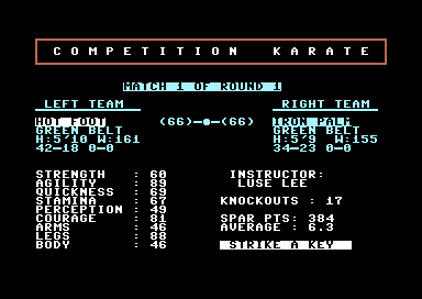 Competition Karate (Commodore 64) screenshot: Hot Foot's Stats
