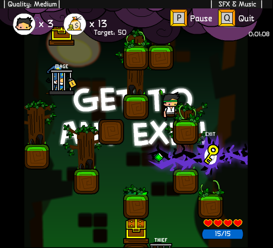 Vertical Drop Heroes (Browser) screenshot: The exit is available, but you can skip it and drop down to get some more treasure first.
