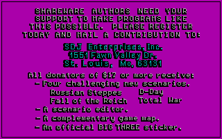 The Big Three (DOS) screenshot: This is a shareware game so naturally there will be a shareware reminder screen