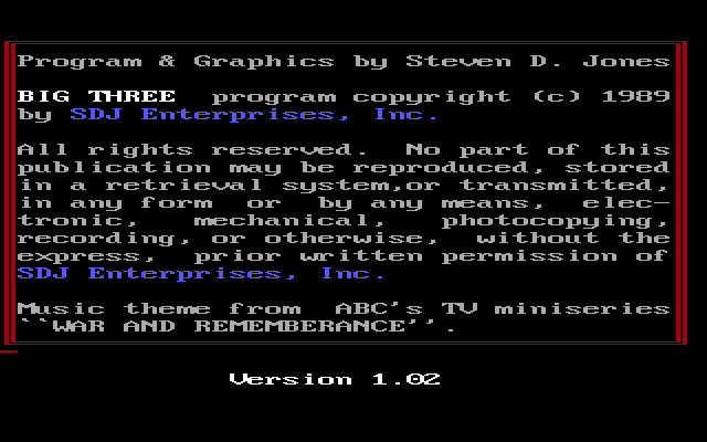 The Big Three (DOS) screenshot: This licensing screen is the very first screen the player sees.