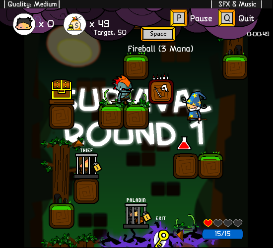 Vertical Drop Heroes (Browser) screenshot: Playing the survival mode.