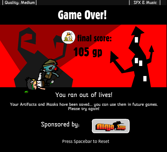 Vertical Drop Heroes (Browser) screenshot: Game Over